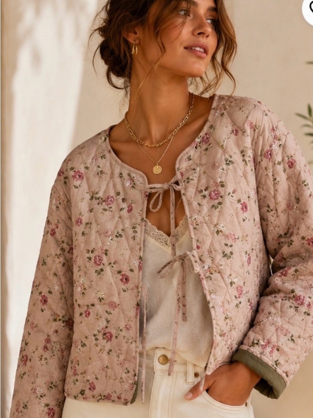 Avec Les Filles by anthropologie Quilted Floral Tie-Front Jacket - Blush Pink